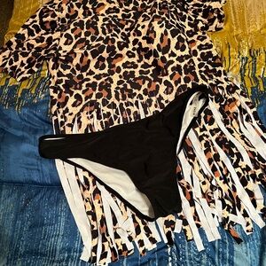 SHEIN Leopard Print Fringe Top with Black Bikini Bottom